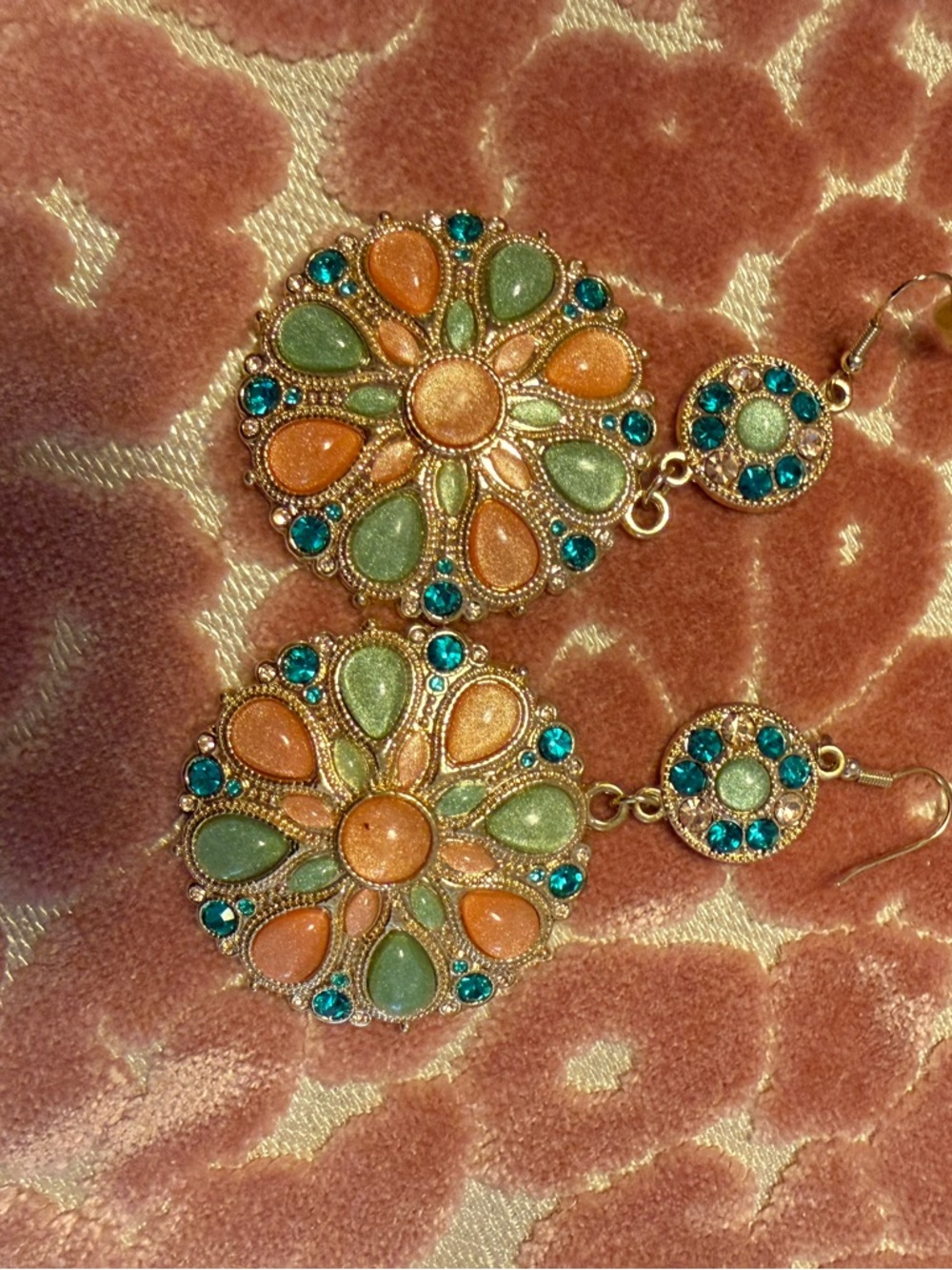 Gold-tone Floral Drop Earrings with Teal, Peach & Mint Accents